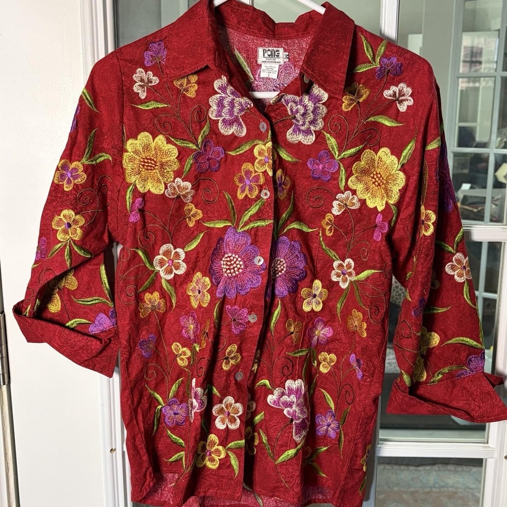 PONG Women's Medium Red Embroidered Floral Button Down Shirt Boho Y2K